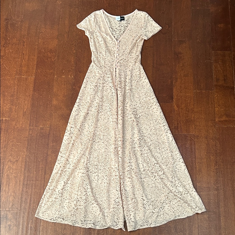 Day & Night Beige-y Pink Lace Maxi Open Short Sleeve Layering Dress, Size Small